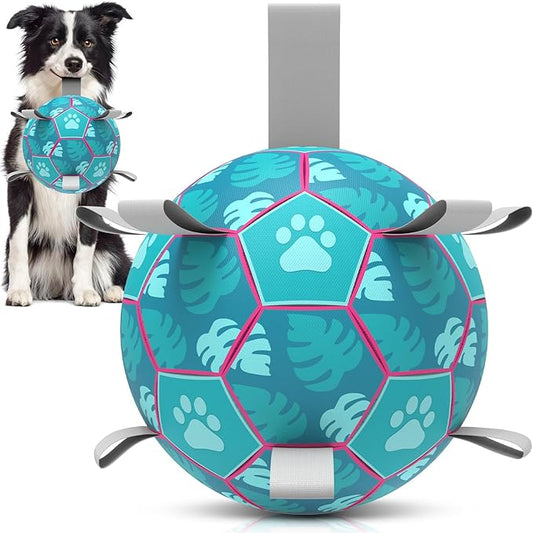 QDAN Dog Toys Soccer Ball with Straps - Durable Dog Balls for Small Medium Dogs, Beach Pool Dog Water Toy, Herding Balls for Dog, Puppy Dog Birthday Gifts, Dog Tug Toys for Tug of War, Blue (6 Inch)