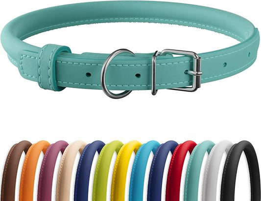 CollarDirect Rolled Leather Dog Collar, Soft Padded Round Puppy Collar, Handmade Genuine Leather Collar Dog Small Large Cat Collars 13 Colors (11-14 Inch, Mint Green Smooth)