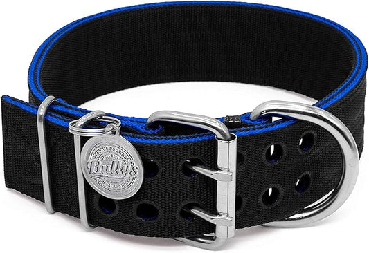 Pit Bull Collar, Dog Collar for Large Dogs, Heavy Duty Nylon, Stainless Steel Hardware (XXL, Black with Blue Trim)