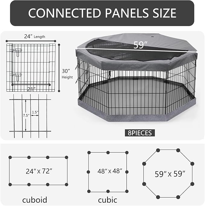 PETIME Foldable Metal Dog Exercise Pen/Pet Puppy Playpen Kennels Yard Fence Indoor/Outdoor 8 Panel 24" W with Top Cover and Bottom Pad (Playpen+Bottom+Top Cover, 8 Panels 30" H)