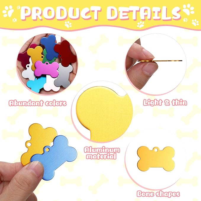 100 Pcs Blank Dog Pet Tags for Engraving 38MM Aluminum Bone Shape Name Tag Colorful Double Sided Dog Cat Phone Number Tag Pendants