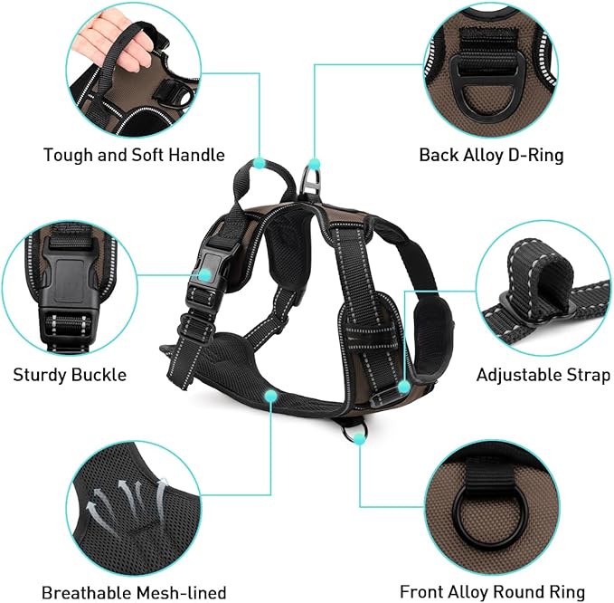 Joytale No Pull Dog Harness for Small Dogs, Reflective Pet Vest with Front Clip, Adjustable Soft Padded Harnesses with Easy Control Handle for Training and Walking, Brown, S