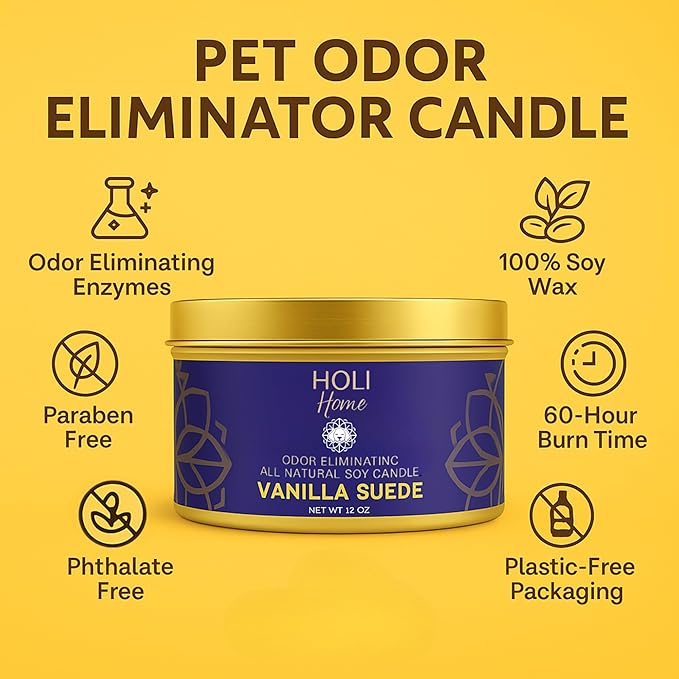 HOLI Pet Odor Eliminator Candle – Vanilla Suede Scent – All Natural Soy Wax, Paraben & Phthalate Free, Pet Safe, Long-Lasting 60-Hour Burn, Non-Toxic & Plastic-Free Air Freshener for Home