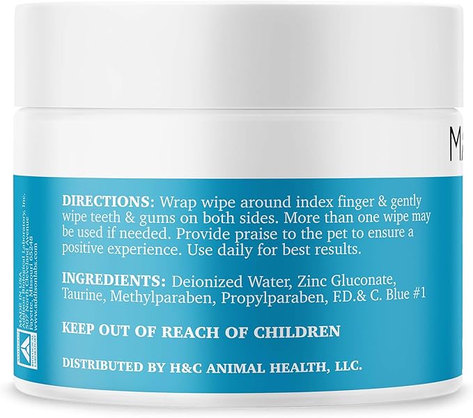 Dental Cleansing Wipes for Dogs, Cats, Horses and Companion Animals (100 Wipes), Light Blue/White