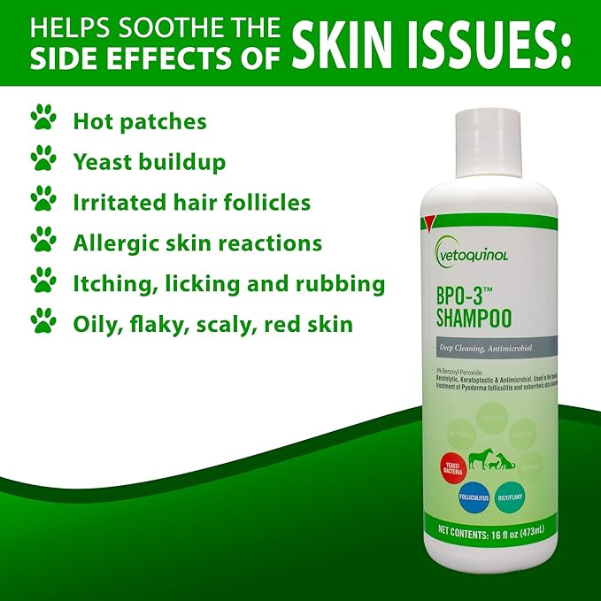 Vetoquinol BPO-3 Shampoo for Dogs, Cats & Horses (3% Benzoyl Peroxide) – 16oz – Deep Cleaning, Medicated Shampoo Opens & Flushes Hair Follicles – Degreases Oily Coats – Soothes Red, Flaky, Itchy Skin