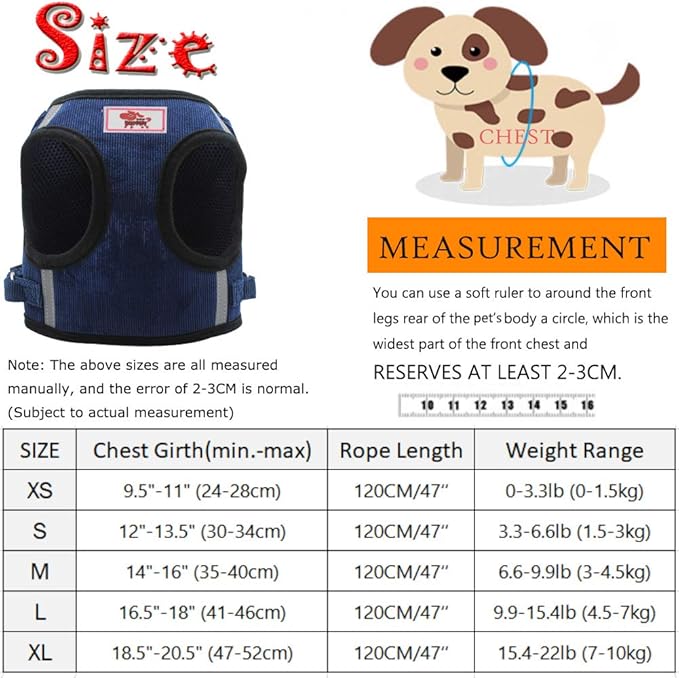 FEimaX Dog Harness and Leash Set, No Pull Reflective Adjustable Pet Harnesses for Puppy Kitten Soft Corduroy Chest Harness for Small Medium Dogs and Cats Easy Control Vest for Outdoor Walking