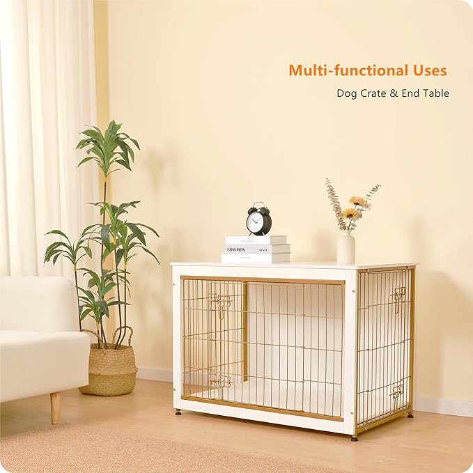 DWANTON Dog Crate Furniture with Cushion, Wooden Kennel Table with Double Doors, Indoor Dog House, Large Size, 38.5" L, White