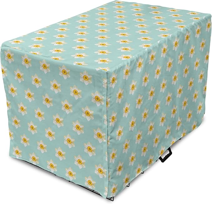 Lunarable Daffodil Dog Crate Cover, Pastel Nature Pattern with Spring Field Theme Narcissus Flower Heads, Easy to Use Pet Kennel Cover for Cats & Medium Dogs, 24 Inch, Seafoam Cream Yellow