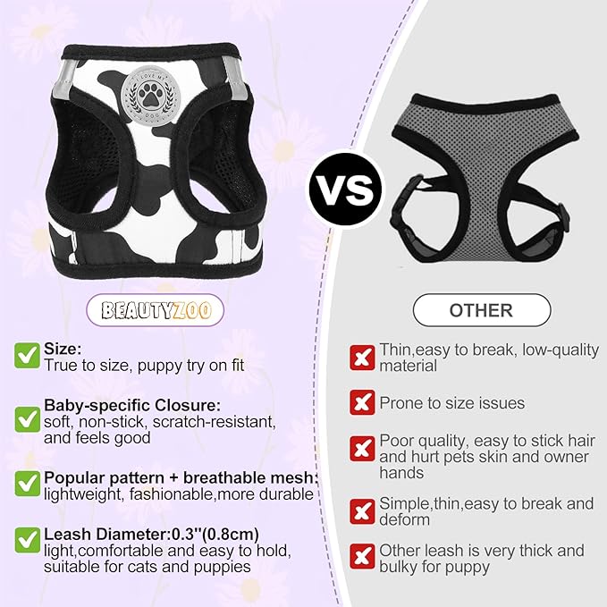 BEAUTYZOO Small Dog Harness and Leash Set, Cow Print Step in Dog Harness No Pull No Choke Puppy Harness Reflective for XXS XS S Dogs Cats, Soft Padded Mesh Vest Harnesses Girl and Boy Pets