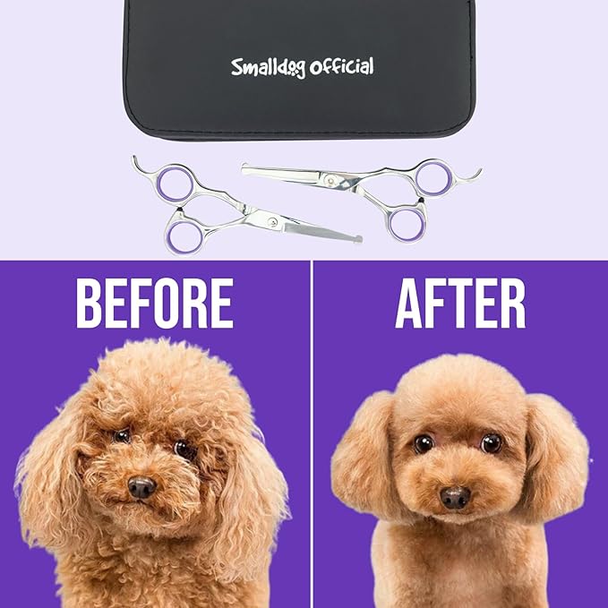 Grooming Scissors, Stainless Steel Dog Shears with Safety Rounded Tip, Set of Two Dog Scissors in a Leather Cover, Professional Pet Grooming Kit