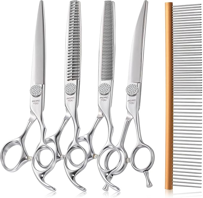 Polished Dog Grooming Scissors Set with Simulation Diamond 440C Stainless Steel Thinner Curved Straight Chunker Shears with Comb 7''