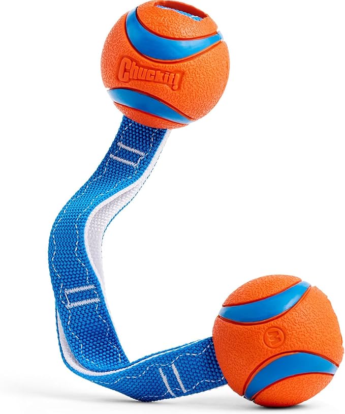 Chuckit! Ultra Duo Tug Dog Toy - Two Ultra Balls on a Durable Nylon Cord Handle - Fetch and Tug-of-War Toy for Dogs - Size Medium - For Breeds 20-60 lbs - 2.5-inch Diameter - Orange and Blue