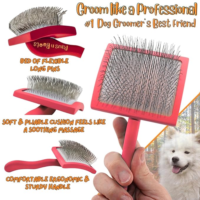 Pro-Slicker Brush Grooming Tool for Pets: Large Red Brush, Soft Cushion Bed of Dull Pins, Gentle but Effective. Easily and Painlessly Remove Thick Undercoat. Reduce Brushing Sessions, Groom like a Pro