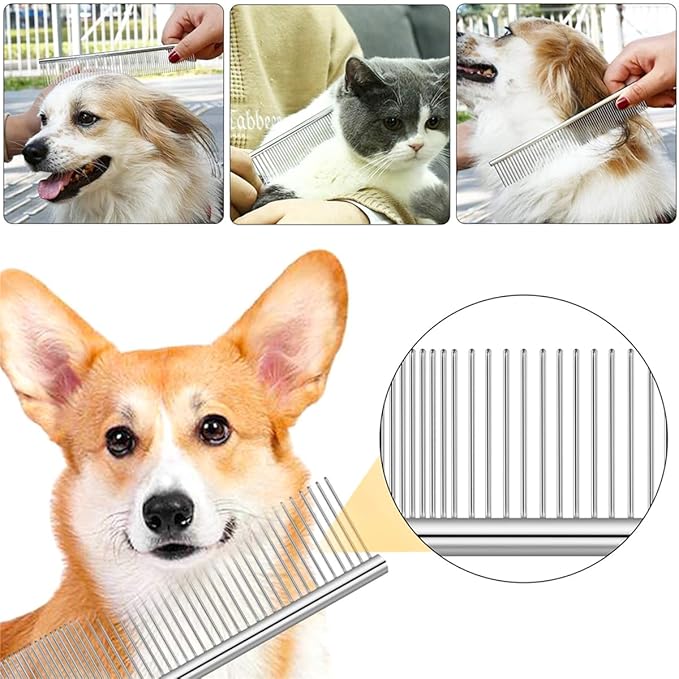 4 PCS Stainless-Steel Comb Dog Combs for Knots, Mats & Loose Hair Removal - Effective Dematting Tool, Comfortable, Lightweight, Portable & Safe for Dogs, Cats & Pets