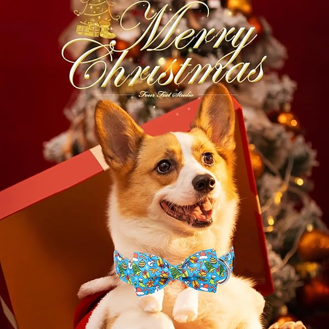 Maca Bates Christmas Dog Collar Cotton Soft Christmas Tree Dog Collar with Metal Buckle Christmas Dog Bow Tie Adjustable for Small Medium Large Dog
