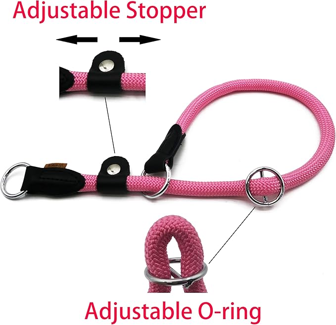 Braided Rope Collar, Training Dog Collar, Round Martingale Collar, Slip Collar with Adjustable Stopper and Slidable Stop Ring - Ideal for Medium Dogs (M(1/3") - 18" Long, Pink)