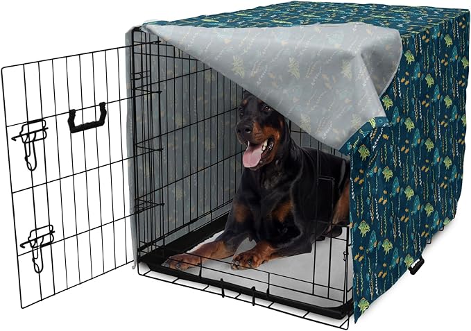 Lunarable Jurassic Dog Crate Cover, Evolution Marine Dinosaurs and Nautical Foliage Animal, Easy to Use Pet Kennel Cover for Medium Large Dogs, 42 Inch, Petrol Blue Pale Green