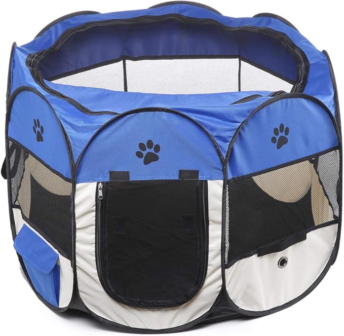 Portable Pet Playpen, 28.3" Foldable Dog Playpen for Dogie Kitten Rabbit, Exercise Playpen Tent Indoor/Outdoor Use (Blue)