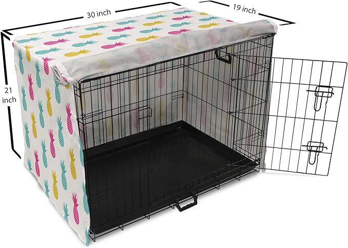 Lunarable Yellow Pineapple Dog Crate Cover, Rhythmic Ananas Fruits in Colorful Design Summer Tropical Concept, Easy to Use Pet Kennel Cover for Cats & Medium Dogs, 30 Inch, Turquoise Hot Pink