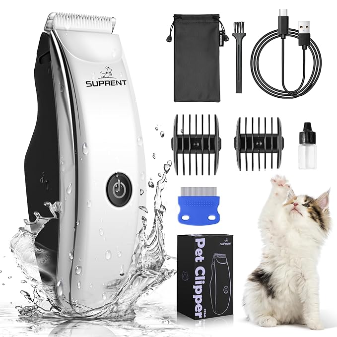 SUPRENT Dog Grooming Clippers for Matted Hair, Quiet Cat Hair Trimmer Kit for Long Fur, Waterproof Portable USB Rechargeable Professional Pet Grooming Supplies for Small Dog Pets