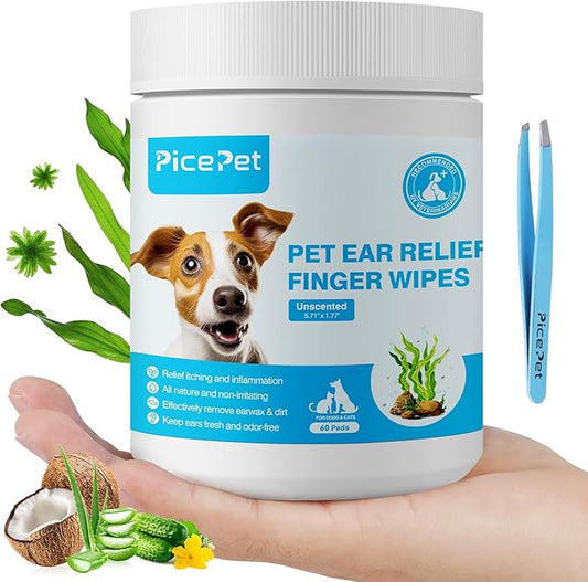 Seaweed Ear Cleaner Wipes for Dogs & Cats - Gentle Finger Wipes for Cleaning Earwax, Debris - Soothe Itching & Inflammation - Unscented, Hypoallergenic & Deodorizing - Made in PRC (60 Pcs)