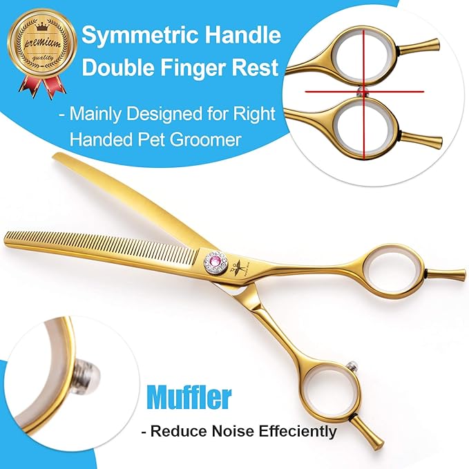 PURPLEBIRD 7 Inch Downward Curved Dog Grooming Scissors Thinning Texturizing Shears Professional Safety Blunt Tip Trimming Shearing for Dogs Cats Face Paws Limbs Japanese Stainless Steel Yellow