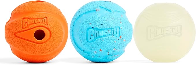 Chuckit! Gen 3 Fetch Medley Dog Balls - Includes the High-Bounce Fetch Ball, Floating Ultra Ball, and Rugged Ball - Durable Rubber Toys for Dogs 20-60 lbs - Size Medium - 2.5-inch Diameter - Set of 3
