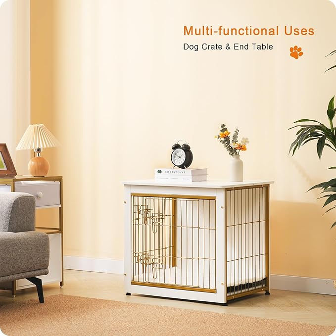 DWANTON Dog Crate Furniture with Cushion, Wooden Kennel Table with Double Doors, Indoor Dog House, Small/Medium/Large Size, 27.2" L, White