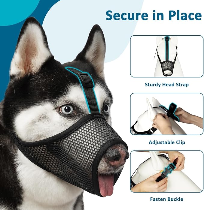 LUCKYPAW Dog Muzzle, Mesh Muzzle for Large Medium Small Dogs, Soft Dog Muzzle to Prevent Biting Chewing Excessive Barking with Adjustable Head Strap, Perfect for Vet Visit (Black, XXL)