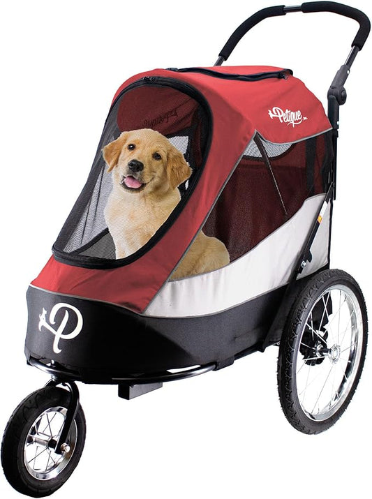 Petique Trailblazer Pet Jogger/Stroller, Bike Trailer, Shock Absorbing Bike Wheels, Large Entry Way, Peek-a-Boo Window, Small/Medium/Large Dogs, Cats and Pets, Supports up to 77LBS - Mars (Red)