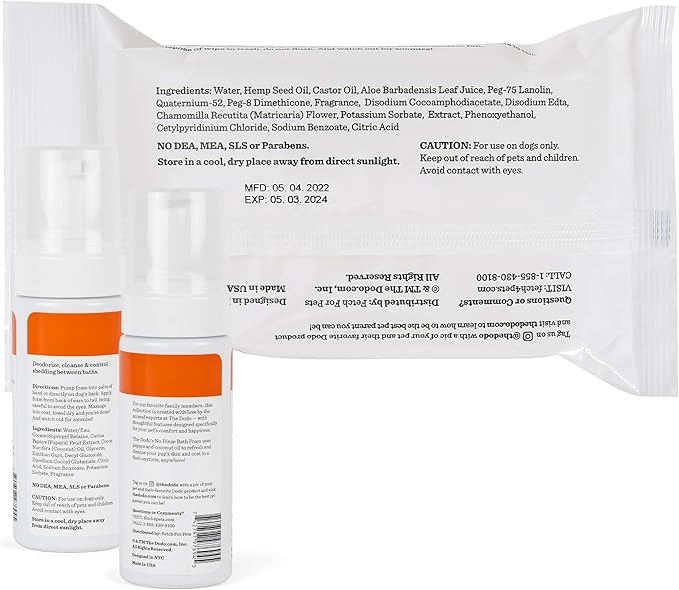 The Dodo All-in-One Dog Grooming Kit, Includes No Rinse Bath Foam, Wipes, and Wet/Dry Brush; Vegan, Cruelty-Free and Contains no DEA, MEA, SLS or Parabens