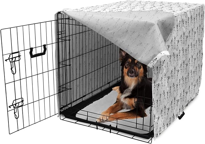 Lunarable Skull Dog Crate Cover, Cartoon Pattern of Monochrome Skeletons Halloween Themed Illustration Horror, Easy to Use Pet Kennel Cover for Medium Large Dogs, 36 Inch, White Black