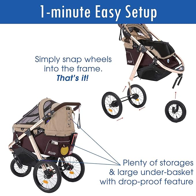 HPZ Pet Rover Run Performance Jogging Sports Stroller with Comfort Rubber Wheels/Zipper-Less Entry/1-Hand Quick Fold/Aluminum Frame for Small/Medium Dogs, Cats and Pets (Taupe)