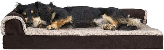 Furhaven Orthopedic Dog Bed for Medium/Small Dogs w/ Removable Bolsters & Washable Cover, For Dogs Up to 35 lbs - Two-Tone Plush Faux Fur & Suede L Shaped Chaise - Espresso, Medium,30"L x 20"W x 6"Th