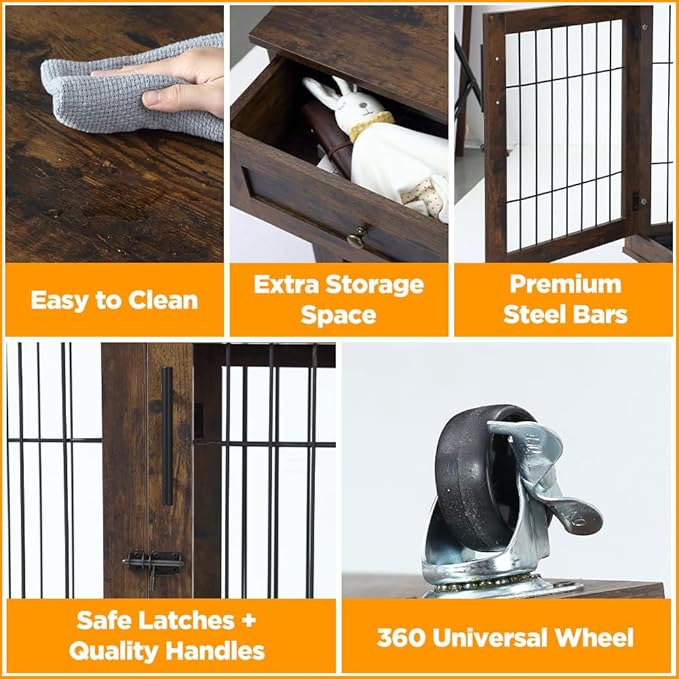 Dog Crate Furniture with Storage,39.4" Large Wooden Dog Kennel Crate End Table with Divider,Dog Cage Dog House Indoor (Rustic Brown)