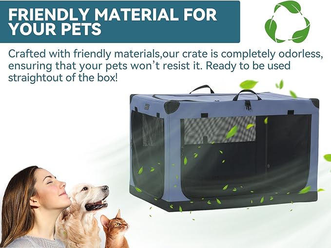 PETSFIT Collapsible Dog Crate, with Patented Adjustable Fabric Cover, Chewproof & Lockable Mesh Doors, Waterproof Base Soft Kennel Blue 30 Inch