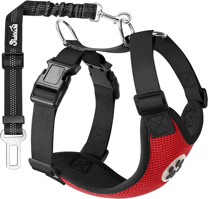 SlowTon Dog Seat Belt Harness for Car, Dog Car Harness Adjustable Mesh Breathable & Dog Seatbelt Safety Tether with Elastic Bungee for Small Medium Large Pets(Red, Single Clip, XS)