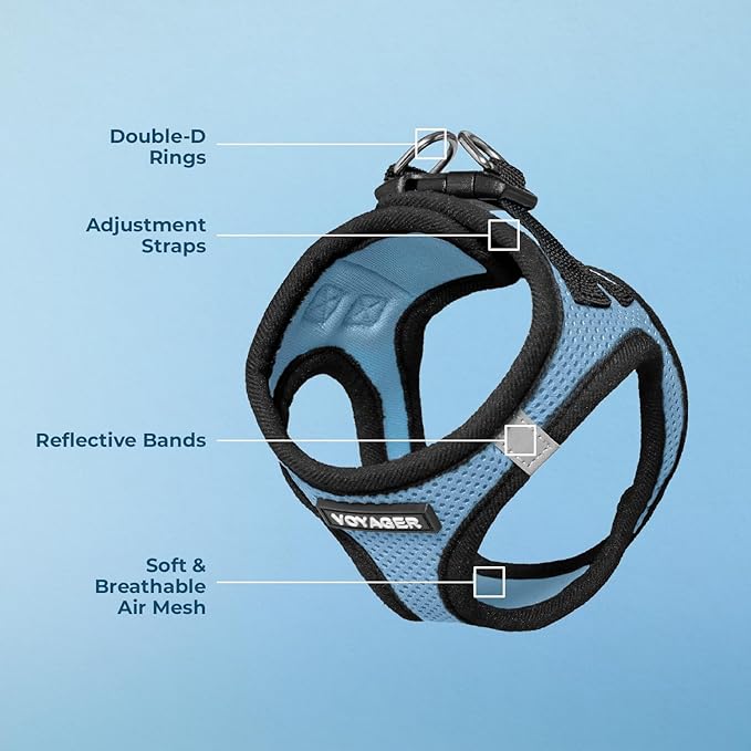 Voyager Step-in Air Dog Harness - All Weather Mesh, Reflective, No Pull Harness for Small, Medium Dogs, Cats - Secure with Hook & Loop Fastener, Buckle, Double D-Rings - Baby Blue/Black Trim, L
