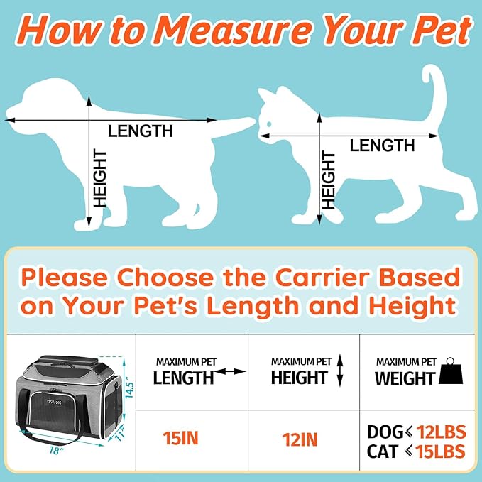 Petskd Top-Expandable Pet Carrier 18x11x11 Inches Delta American United Airline Approved, Soft-Sided Carrier for Small Cats and Dogs with Locking Safety Zippers and Anti-Scratch Mesh(Grey)