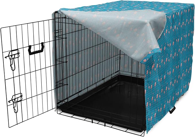 Lunarable Flamingo Dog Crate Cover, Tropical Romance Birds on Wavy Horizontal Stripes Hawaiian Love Doodle, Easy to Use Pet Kennel Cover for Cats & Medium Dogs, 24 Inch, Azure Blue and Coral