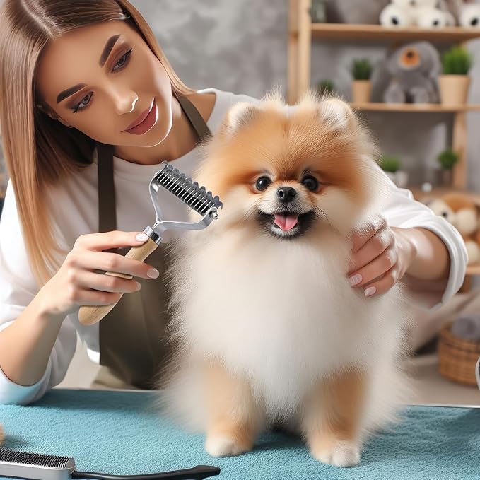 Pet Dematting Comb for Dogs,Cats.Pet Undercoat Rake with Stainless Steel Blades for Knot Removal and Shedding Control.Cat Brush for Shedding Dematting with Wood Handle.