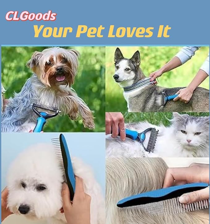 Pet Grooming Brush&Comb Combo, Pet Grooming Brush,Cat Comb Dog Comb for Shedding, 2-Piece Kit,Undercoat Comb for Dog Grooming (Blue)