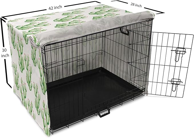 Ambesonne Watercolor Flowers Dog Crate Cover, Cactus Plants Exotic Climate Botanical Branches Mother Nature, Easy to Use Pet Kennel Cover for Medium Large Dogs, 42 Inch, Fern Green