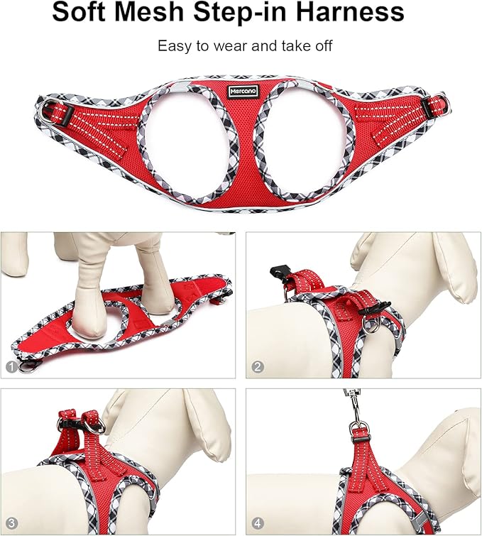 Mercano Soft Mesh Dog Harness and Leash Set, No-Chock Step-in Reflective Breathable Lightweight Easy Walk Escape Proof Vest Harnesses with Safety Buckle for Small Medium Dogs, Cats (Red, XS)