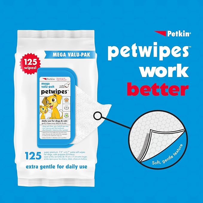 Petkin Mega Valu-Pak Pet Wipes, 125 Wipes - Pet Wipes for Dogs & Cats - for Face, Paws, Ears, Body & Eye Area - Super Convenient Dog Cleaning Wipes