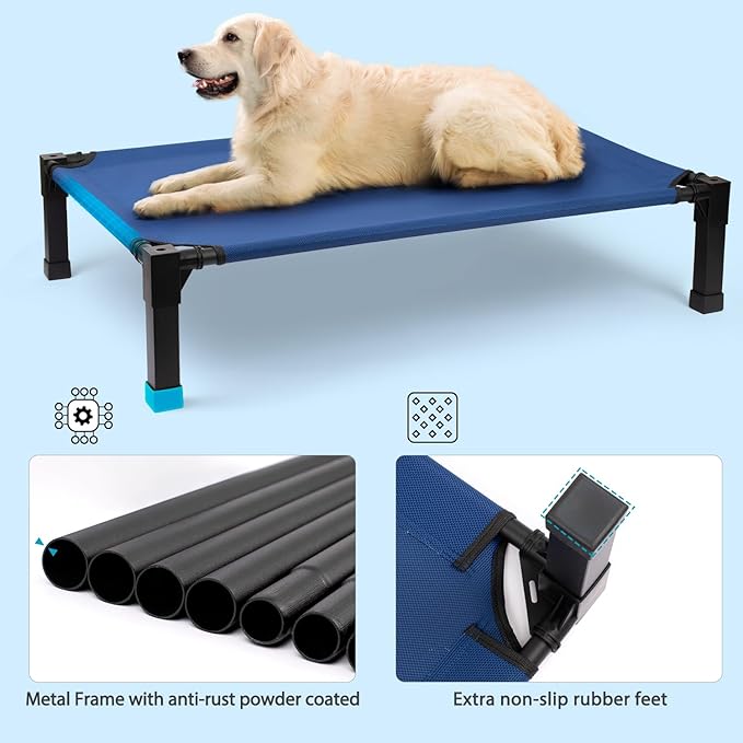 Cooling Elevated Dog Bed, Raised Dog Bed with Washable Breathable Mesh and Metal Frame, Portable Dog Cot Bed with No-Slip Feet for Outdoor and Indoor Use