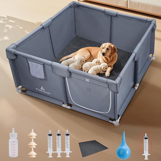 Whelping Box for Dogs and Puppies 47"x47"x24" - Tear-Resistant Oxford Fabric Dog Playpen with Suction Cups & 5-Piece Puppy Care Kit for Medium/Large Breed Dogs