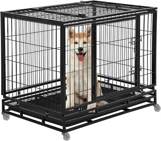 FDW Dog Crate Dog Cage Dog Kennel for Large Dogs Heavy Duty 48 Inches Pet Playpen for Training Indoor Outdoor with Plastic Tray Double Doors & Locks Design