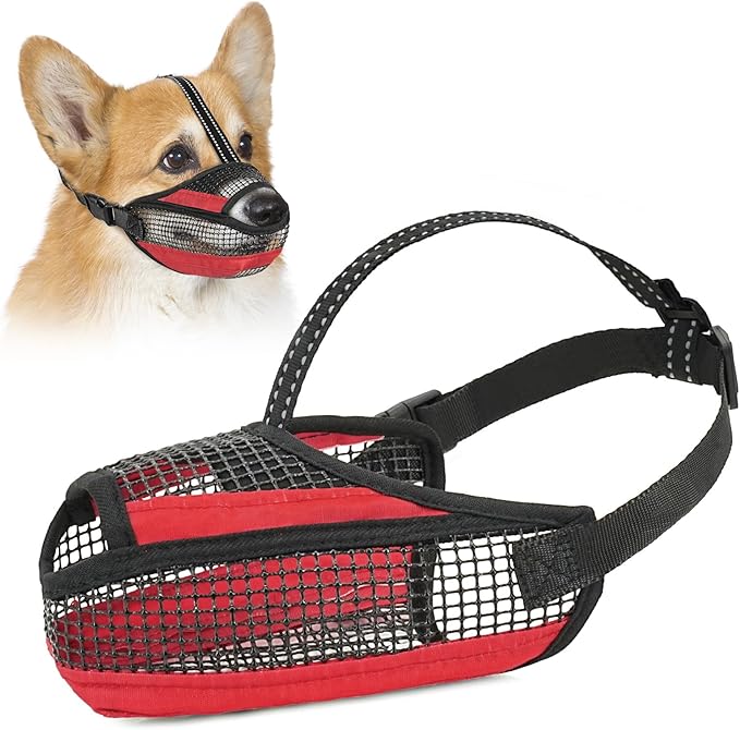 Dog Muzzle for Large Medium Small Dogs, Soft Mesh Muzzle for Dogs with Reflective Adjustable Strap, Prevent Biting Chewing and Licking, Dog Nose Open Design for Reduction Friction (Red, XS)