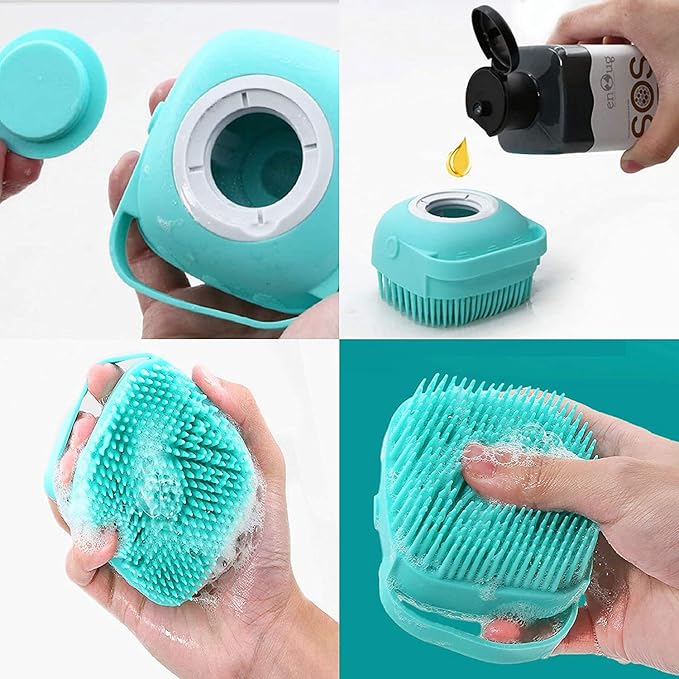 Portable Dog Bath Brush - Pet Massage Brush Shampoo Dispenser Soft Silicone Brush Rubber Bristle for Dogs and Cats Shower Grooming (Blue)